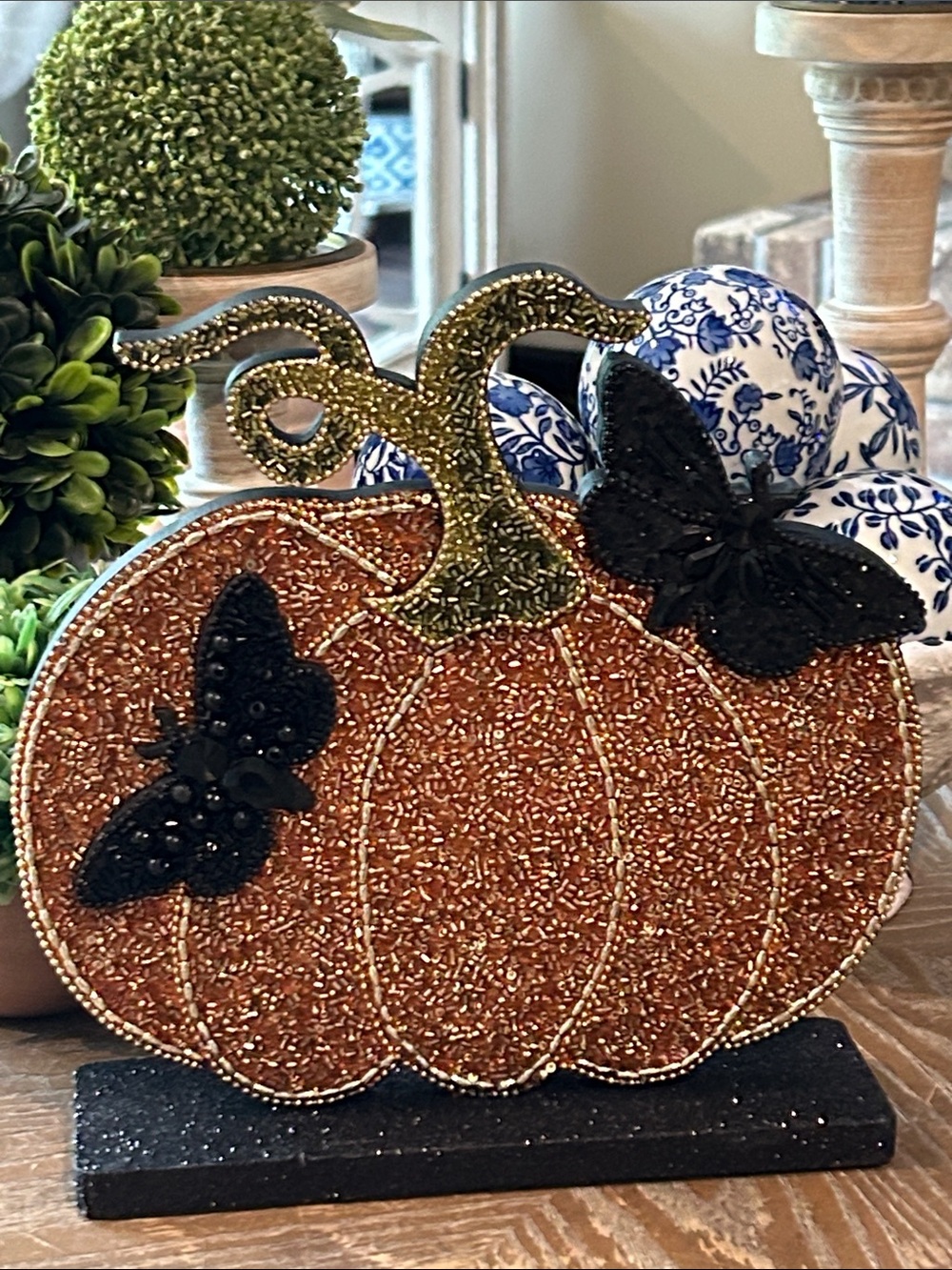 NEW! Vintage Inspired Beaded Fall Harvest Halloween Pumpkin & Black Butterflies